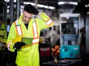 Un operario analiza los tiempos de producción para detectar un cuello de botella en la línea de montaje.