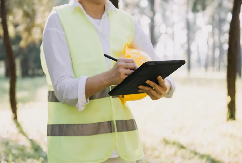 Profesionales técnicos evaluando procesos en terreno durante una auditoría ambiental interna.